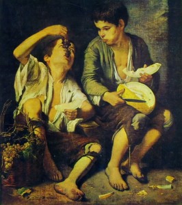 I ragazzi che mangiano meloni e uva, cm. 155 x 148, anni 1645-1655, Alte Pinakothek, Monaco.